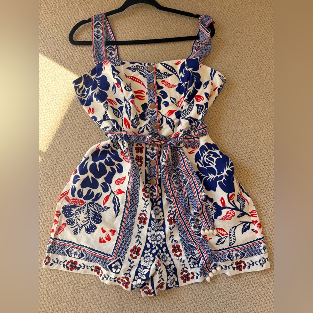Rachel Zoe Cream and Red Textured Romper with wood buttons